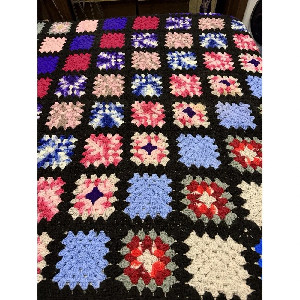 Vtg Granny Sq.Crochet Afghan Cottage Boho Prairie 97x68